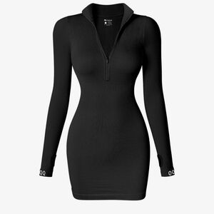 OQQ Women Dresses Sexy Ribbed Zip Front Long Sleeve Stretch Tops Mini Dress